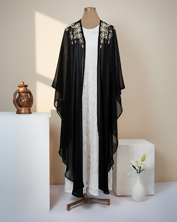 lace cape abaya with zardozi work, black and white lace