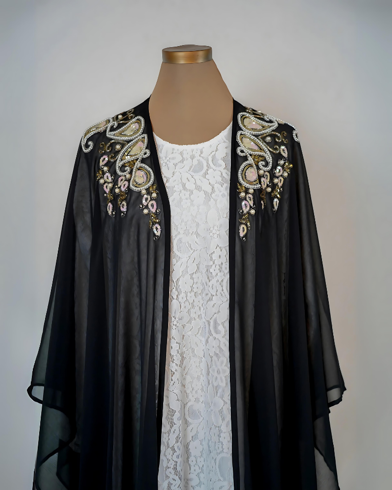 lace cape abaya with zardozi work, black and white lace