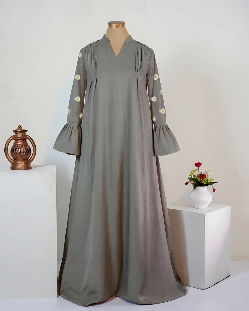 Grey abaya, flared. hand embroidered