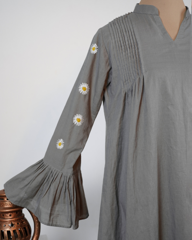 Grey, abaya. flared, hand embroidered