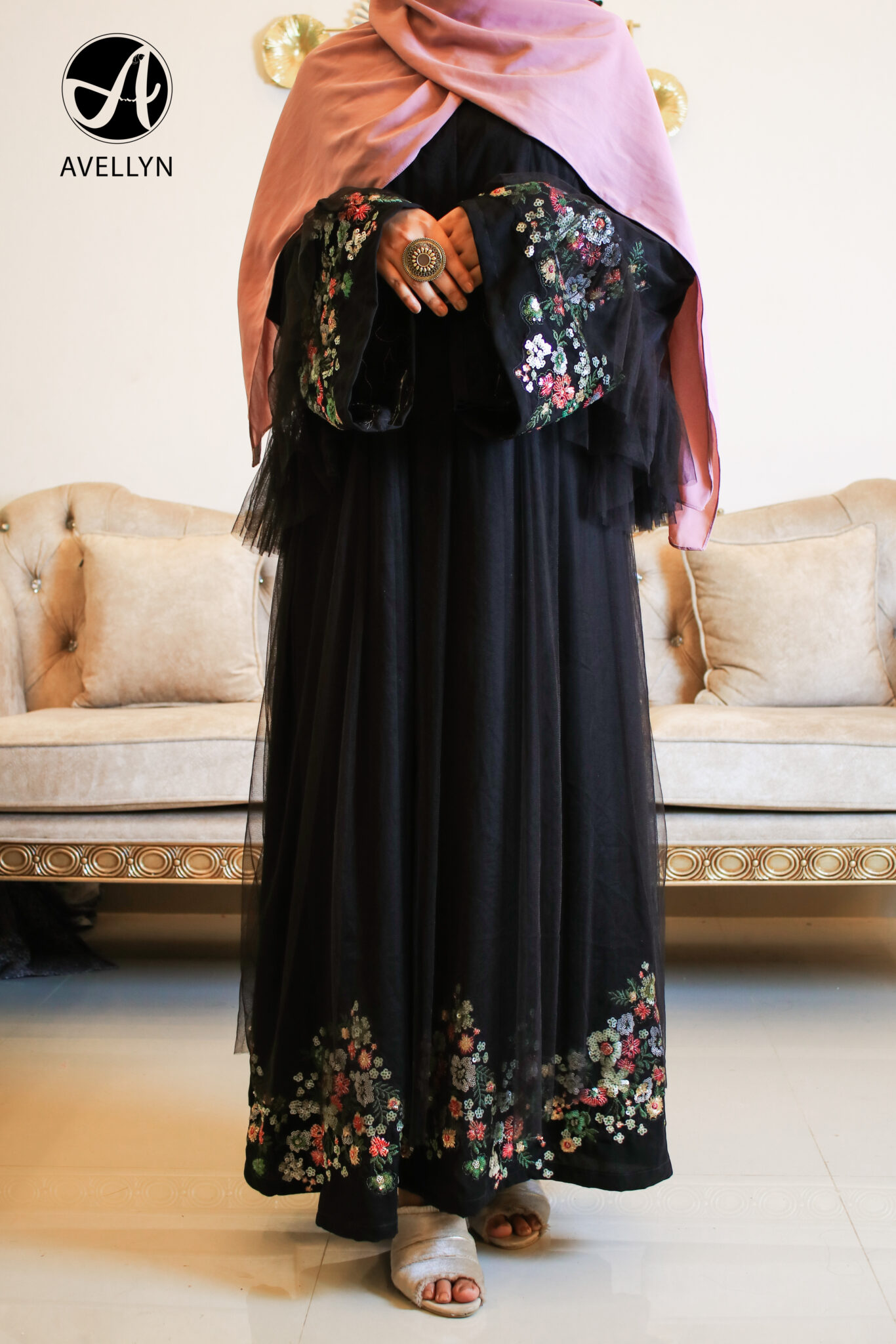 Tulle Floral Sequin Abaya