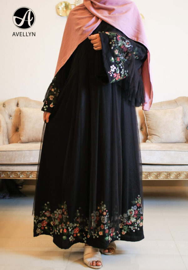 Tulle Floral Sequin Abaya - Image 2