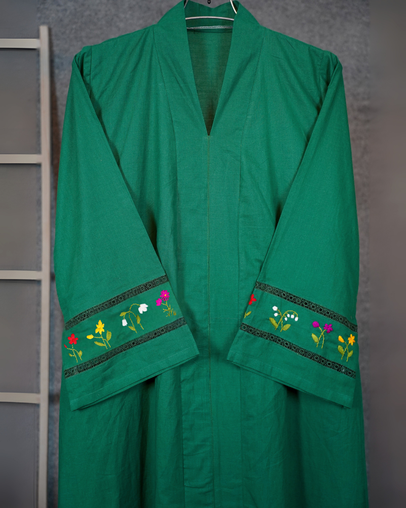 Emerald green cotton embroidered abaya